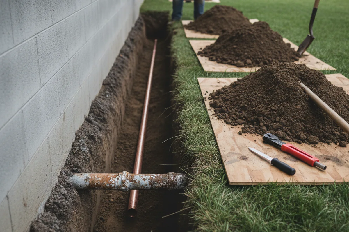 Excavated water line trench during Water Softener Installation in Brooks